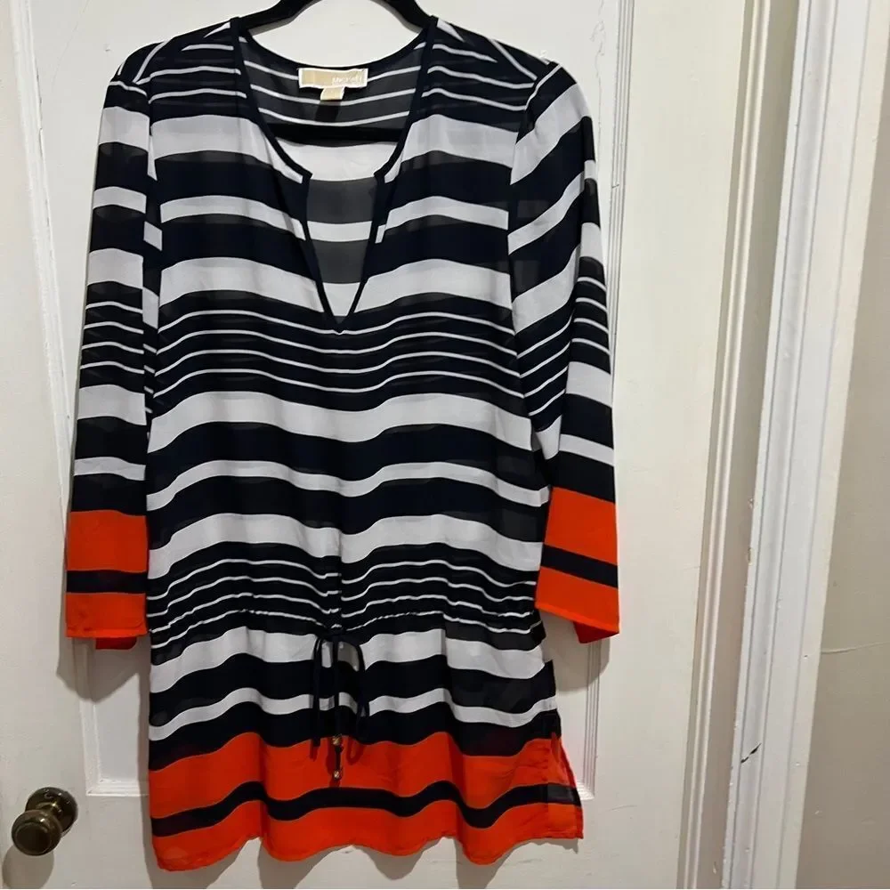 Michael Kors Sheer Striped Pull On Swimsuit Cover Mini Dress Women's Large